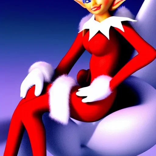 gorgeous, sultry female elf, sitting by her lonesome at the North Pole