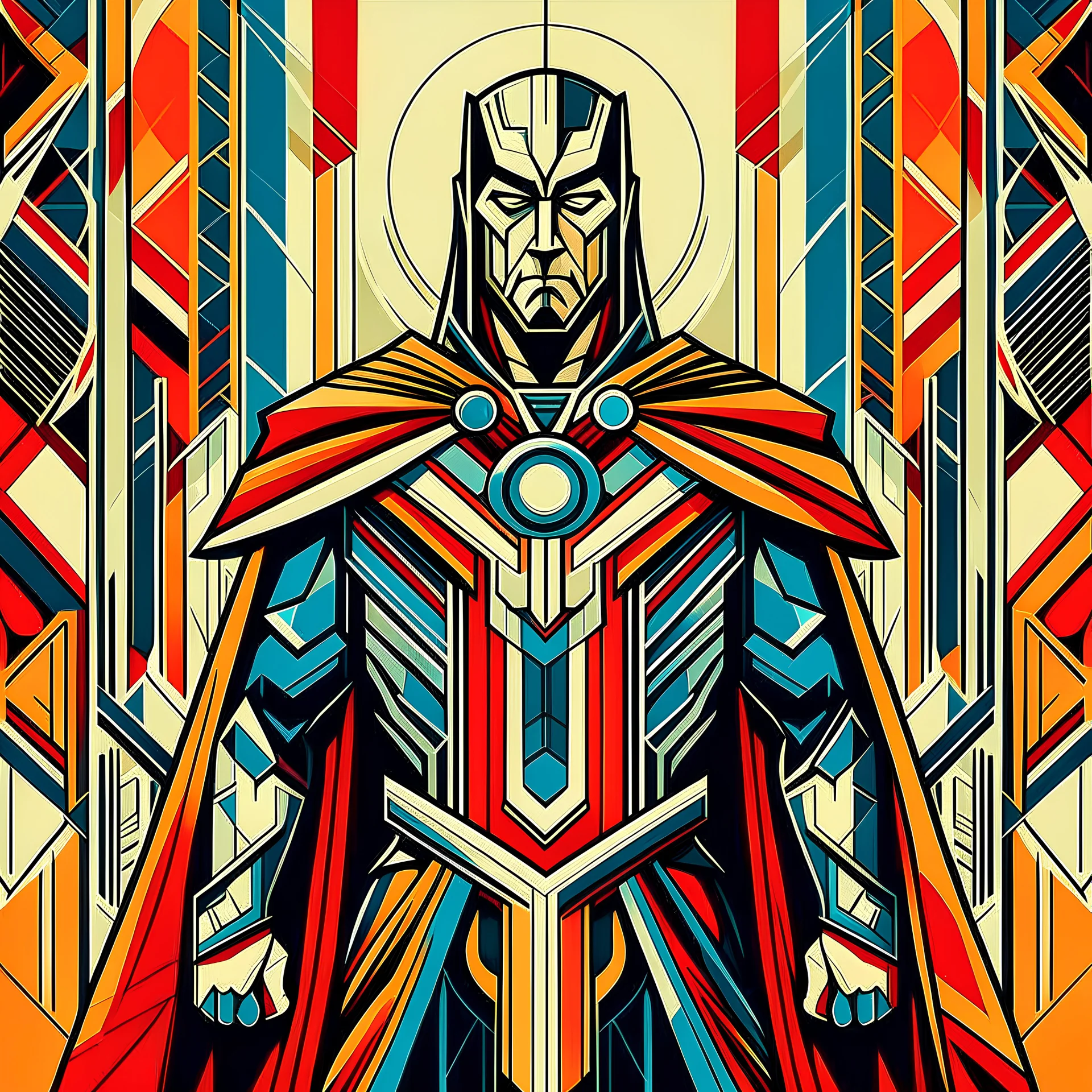 Create a high-definition art-deco style image of a character inspired by MCU's Thor. The image should feature bold, streamlined geometric shapes and a limited color palette of four striking colors that reflect the character's traditional color scheme. The character should be positioned front and center with a strong, symmetrical pose that highlights their most iconic features, such as Thor's cape and hammer. The background should incorporate stylized art-deco movement.