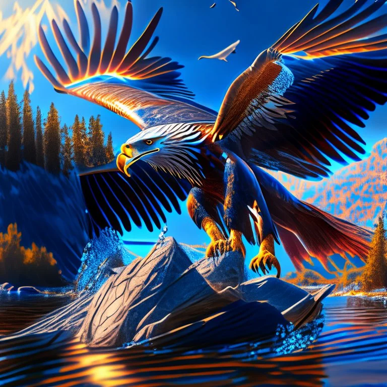 Aguila pescadora con pez salmón grande en sus garras, intrincada, hiperdetallada, arte digital, fotorrealista, colores contrastantes, sombras, clima soleado, cielo azul claro, 8k