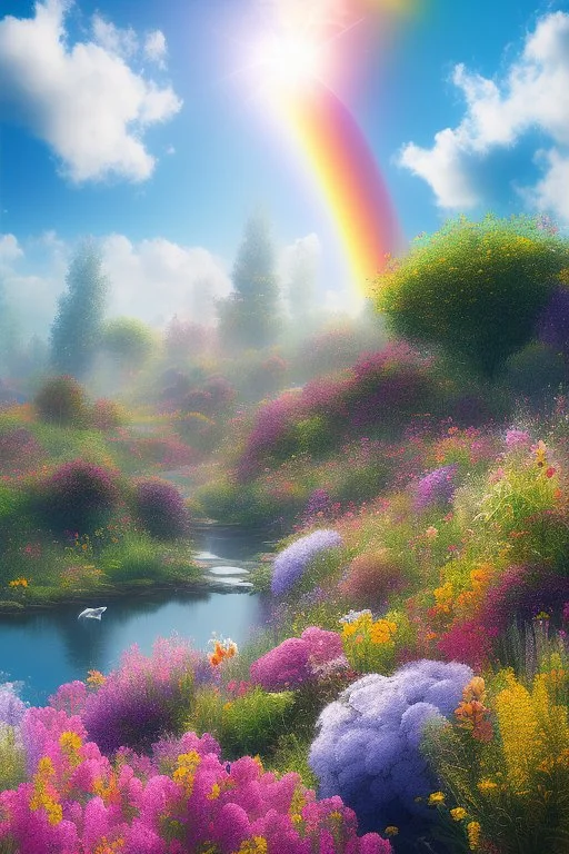 digital illustration, a world full of life divine thrill of biological tranquil sky, flowers, bright color splashes, high detailed 8 k,ufo rainbow