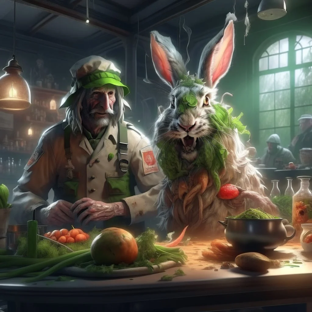 portrait of chopped crazy scientist and army officer irradiating food inside grove with huge fluffy hare with nightmare mutations, 4 k, down-light, soft light, depth of field, photo realism, trending on art station, high detail, spray paint