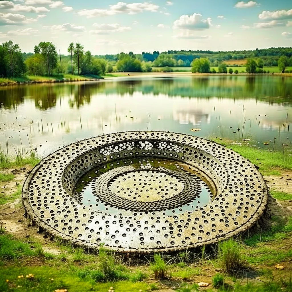 country side a calm lake ,a circular heavy plate with circle holes on it falls in the lake water and splashes of water