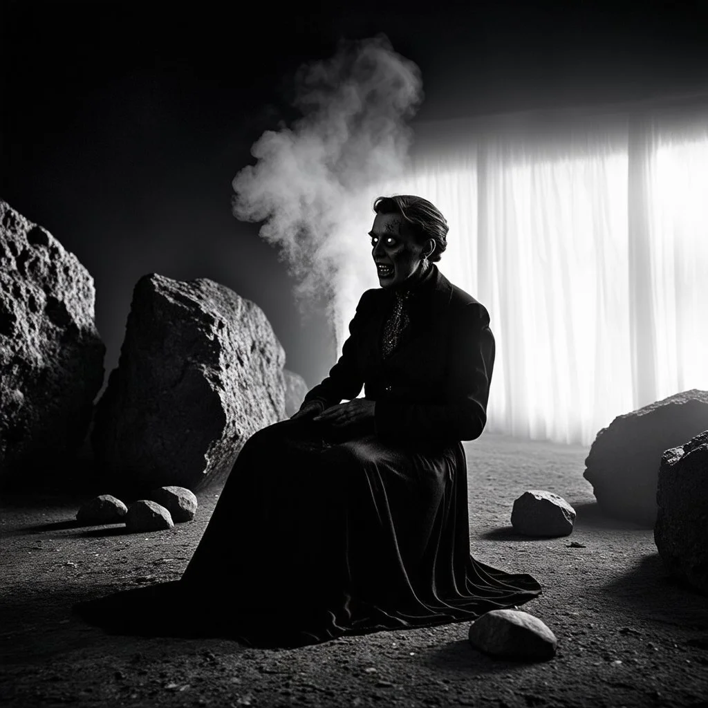 photo, 1920 horror movieshot, sitting, eaging, rocks, very odd objects in background, Ades, stunning photo, persone con sorriso falso e occhi, Charon, tenebroso, macabro, marcio, interno museo, fiotti di liquido nero che zampillano, hypermaximalist, strangeness, sundial light, odd, intricate, Lawrence Alma-Tadema style, albero, hypnotic, very accentuated details of the dress and skin, eerily mysterious, artistic photo, shot on Hasselblad, sadness, follia, smoke, daguerrotype