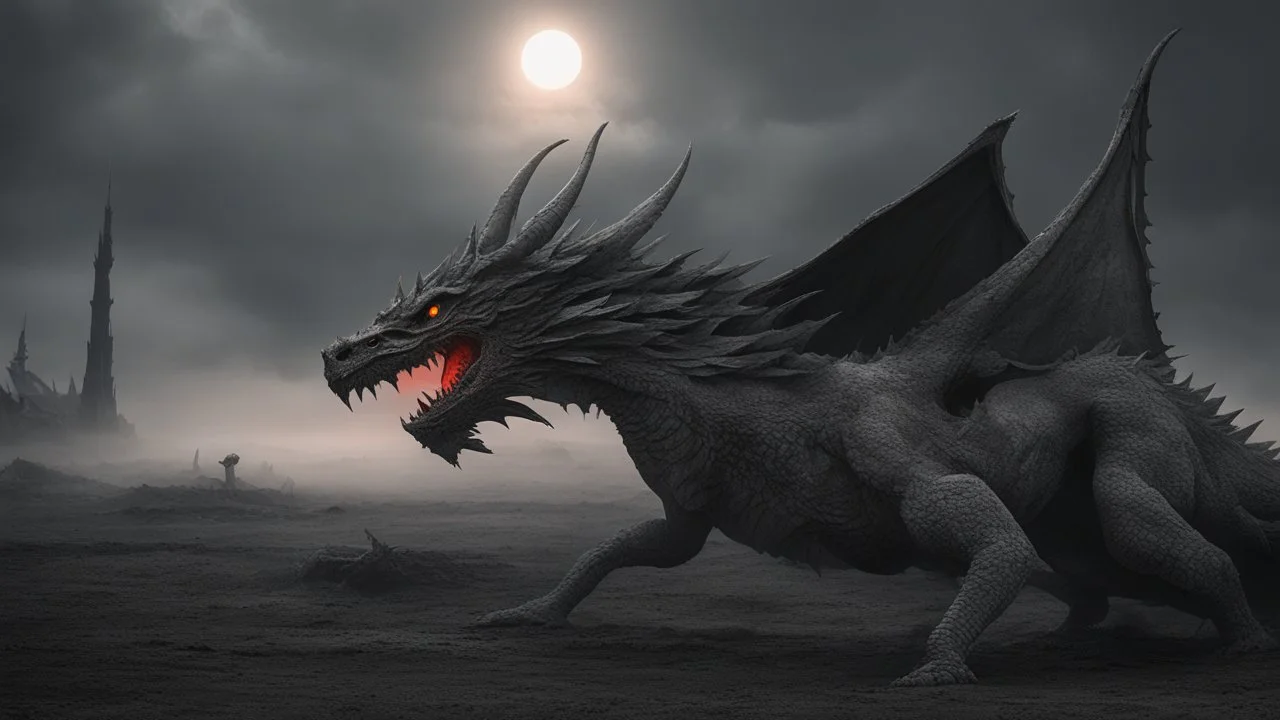 an apocalyptic flat landscape covered in dark gray dust. dragon bones. dark grey mist. bleeding sun. seen from the ground. fantasy, horror. no trees