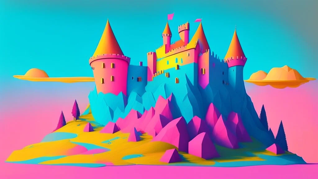 Pink, orange, yellow, dark blue and aqua blue castle on a hill