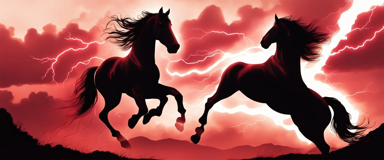 full silhouette of a horse rearing up(on left side, outlined by lighting), red sky, lightning bolts(from top to bottom left), in the speed force