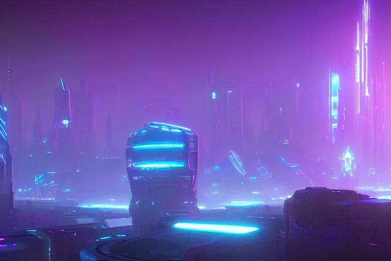 futuristic tron city landscape, flying cars, robots, blue and purple neon