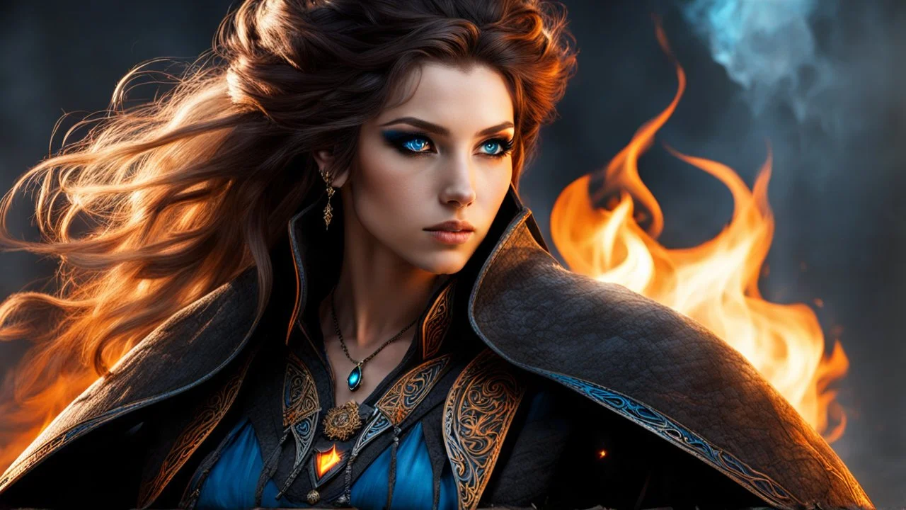 18 year old female sorcerer. perfect eyes. black smoke. blue and orange fire.