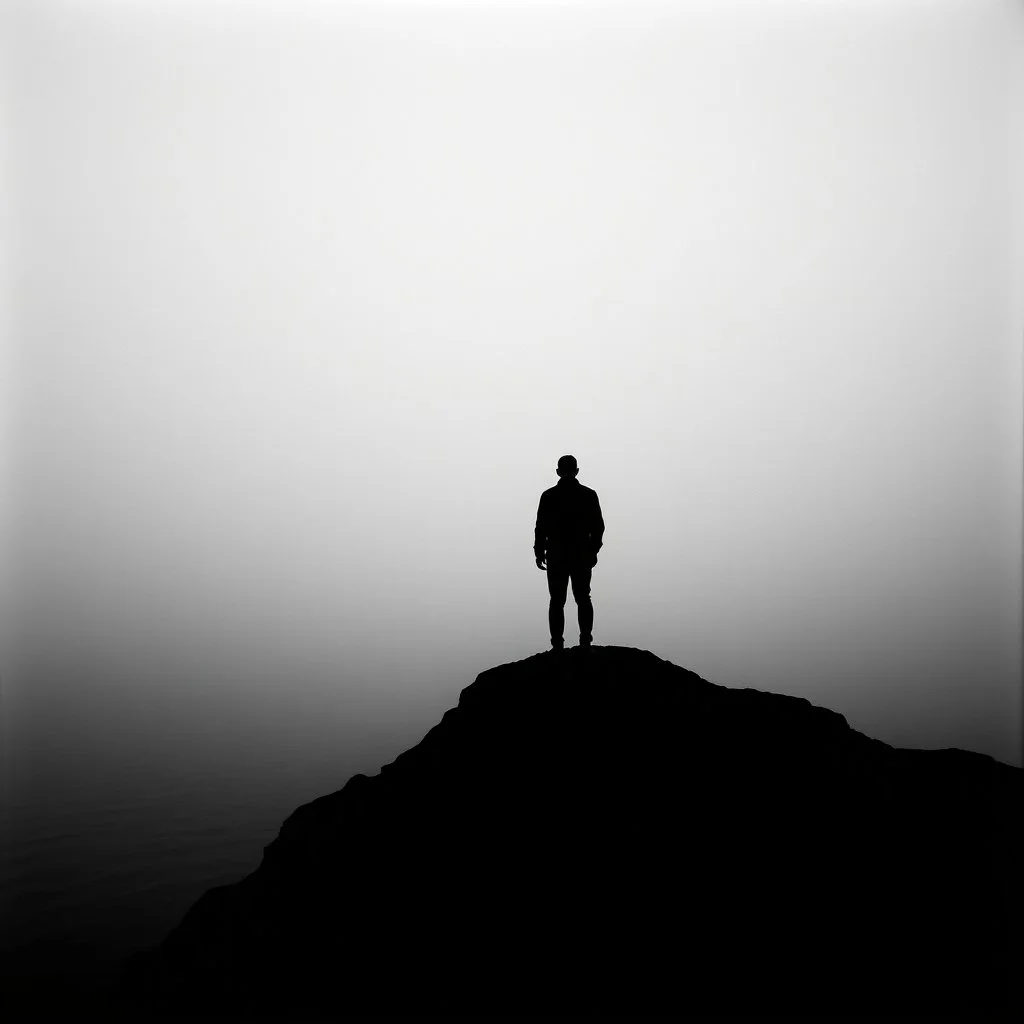 Award-winning fine art photography of a solitary figure standing at the edge of an endless mist-covered ocean horizon, minimal composition, soft monochrome palette, dramatic negative space, subtle film grain, natural diffused light, emotional storytelling, captured with Hasselblad medium format camera, 50mm fine art lens, museum-quality print aesthetic, ultra realistic, masterpiece 64k