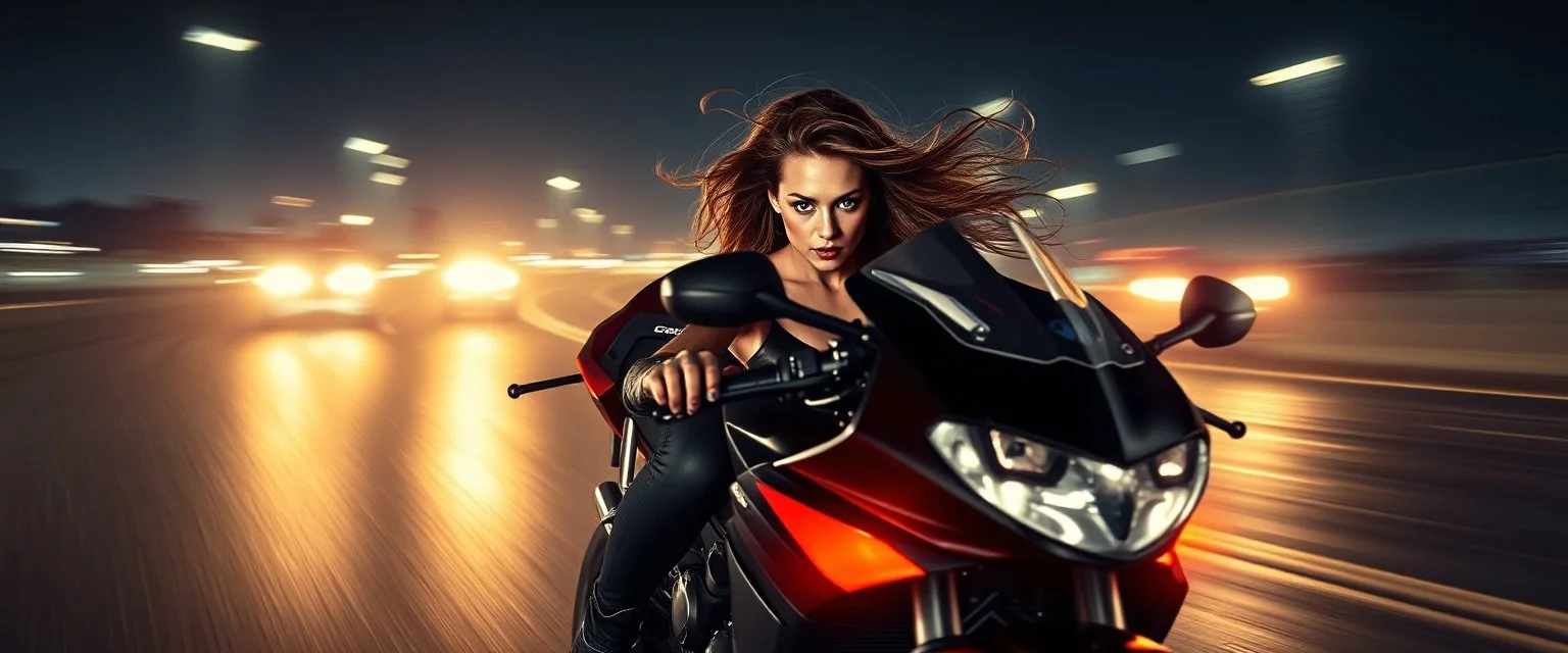 master oil painting by Rembrandt, good afternoon bitch scary hot seductive female riding sports bike with motion blur and smeared lights in the night, stylistic poster, in the style of total recall, huge bugrat in the background with wind blowing in the hair, high speed, intense eyes