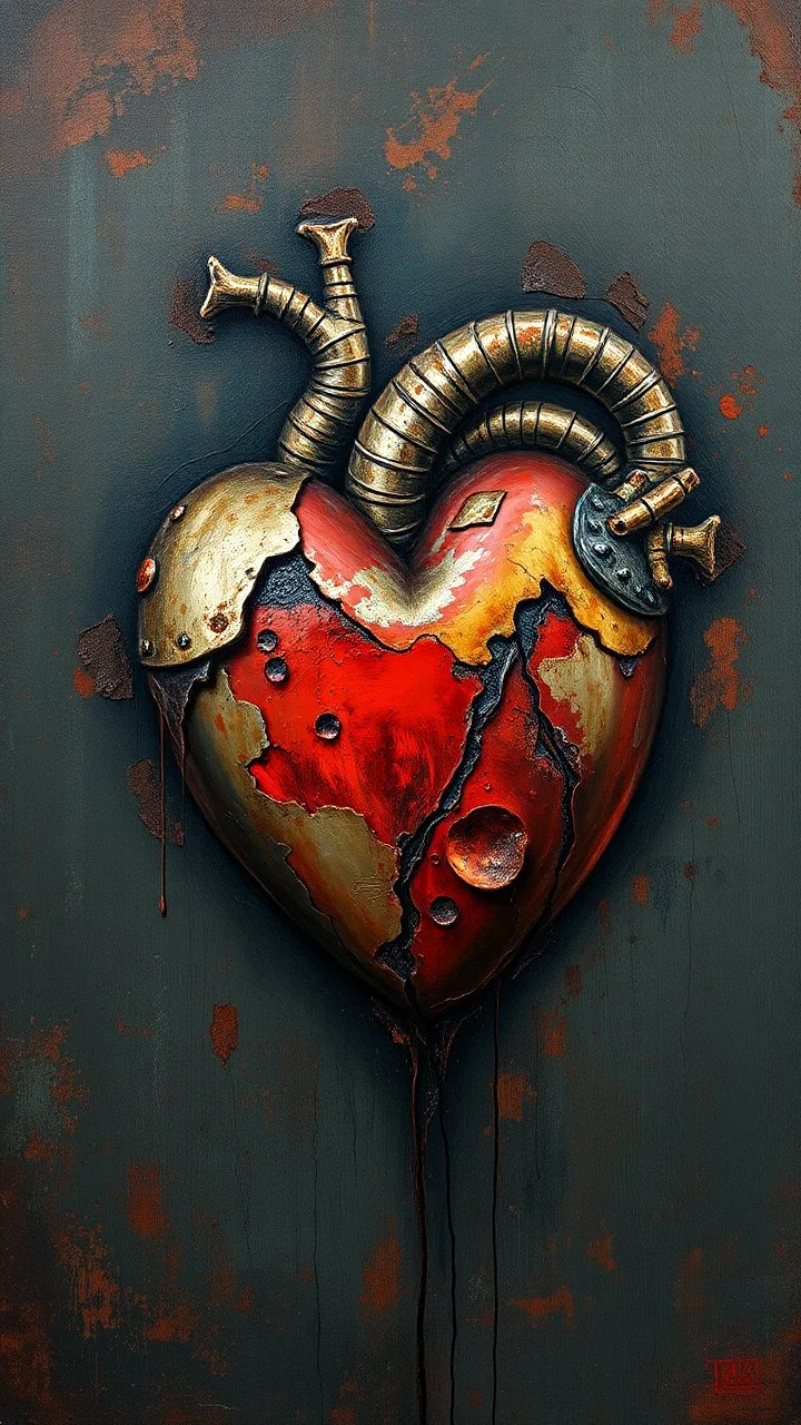 Bosch style painting , A rusty metallic heart in details on bargandy background