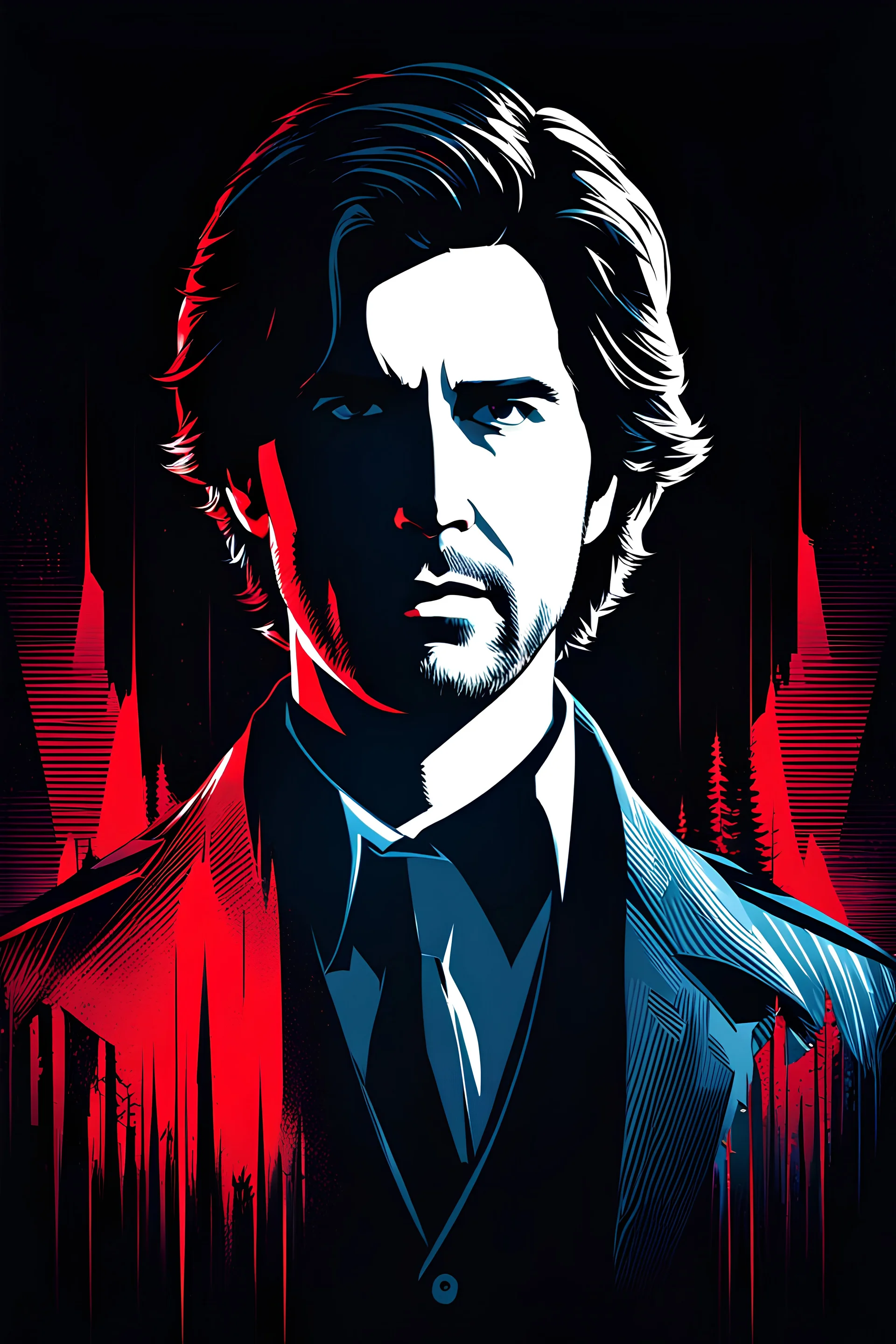 Alan Wake from Alan Wake 2, he is trapped in the dark place, Screen print, pop art, splash screen art, dark colors, digital art, 8k resolution trending on Artstation, midnight ratio, symmetrical, rule of thirds, geometric bauhaus, Artgerm, Pixar, Norman Rockwell, WLOP