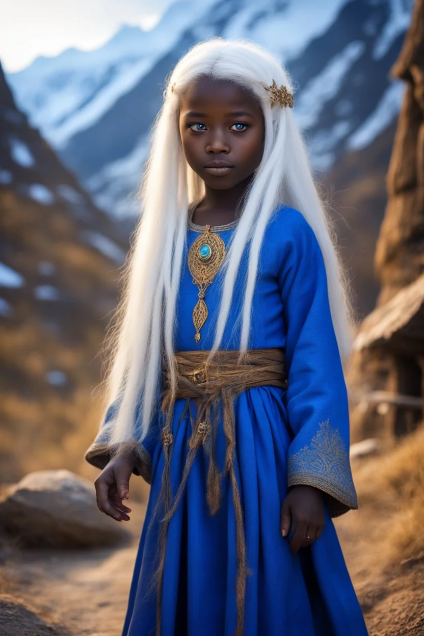 Little 6-year-old sorceress girl, black skin, blue eyes, long, straight snow-white hair, dressed in an ancient and ancestral blue two-piece sorcerer's garment, overflowing with a mythical golden aura, in a primitive village in the mountains