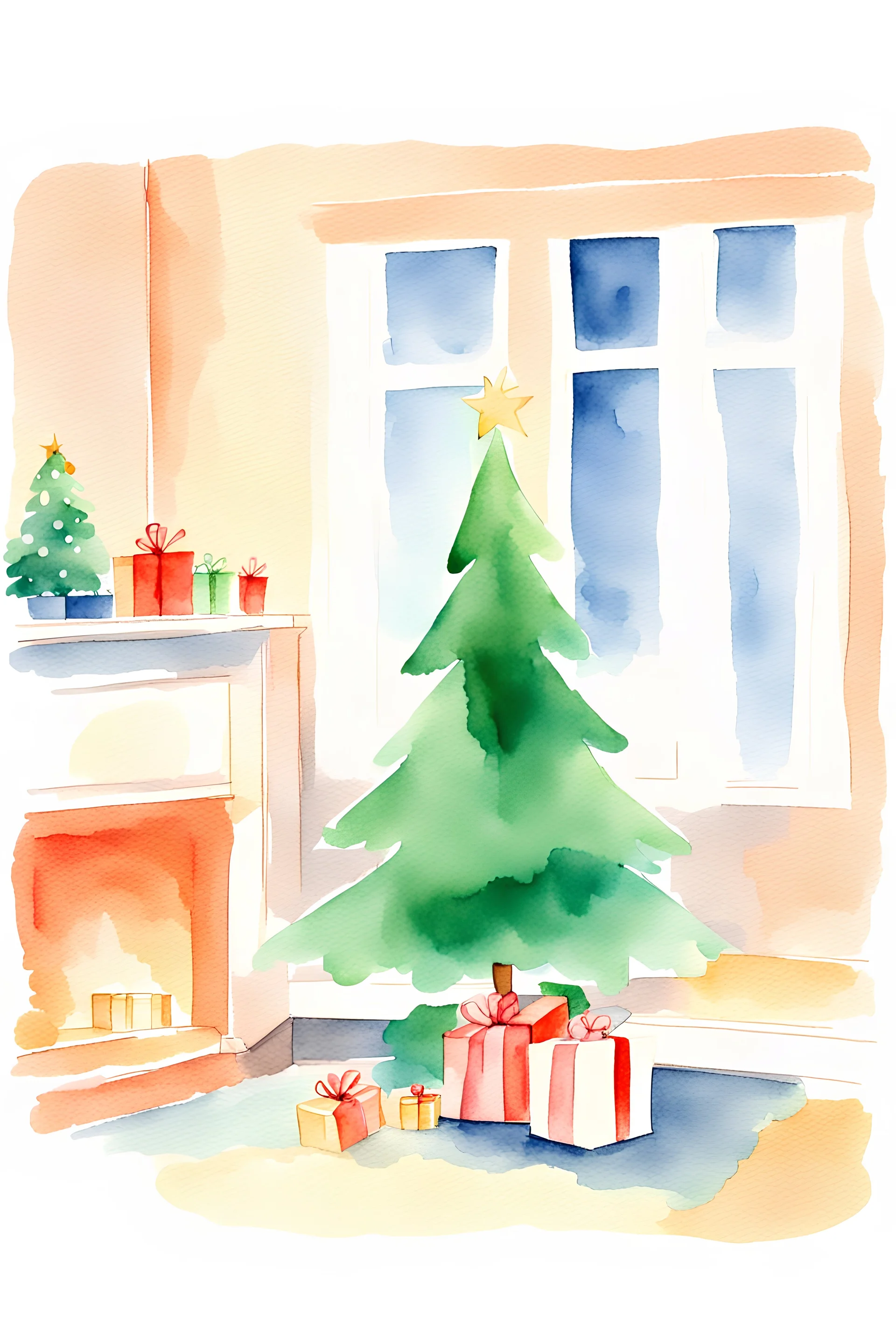 Simple childs watercolor illustration of a Christmas tree in a living room