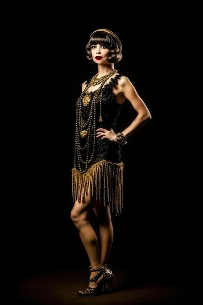 Full Body, slim burlesque Woman looking to the right, With A Bob With A Fringe Hairstyle, flapper Clothing, Steampunk