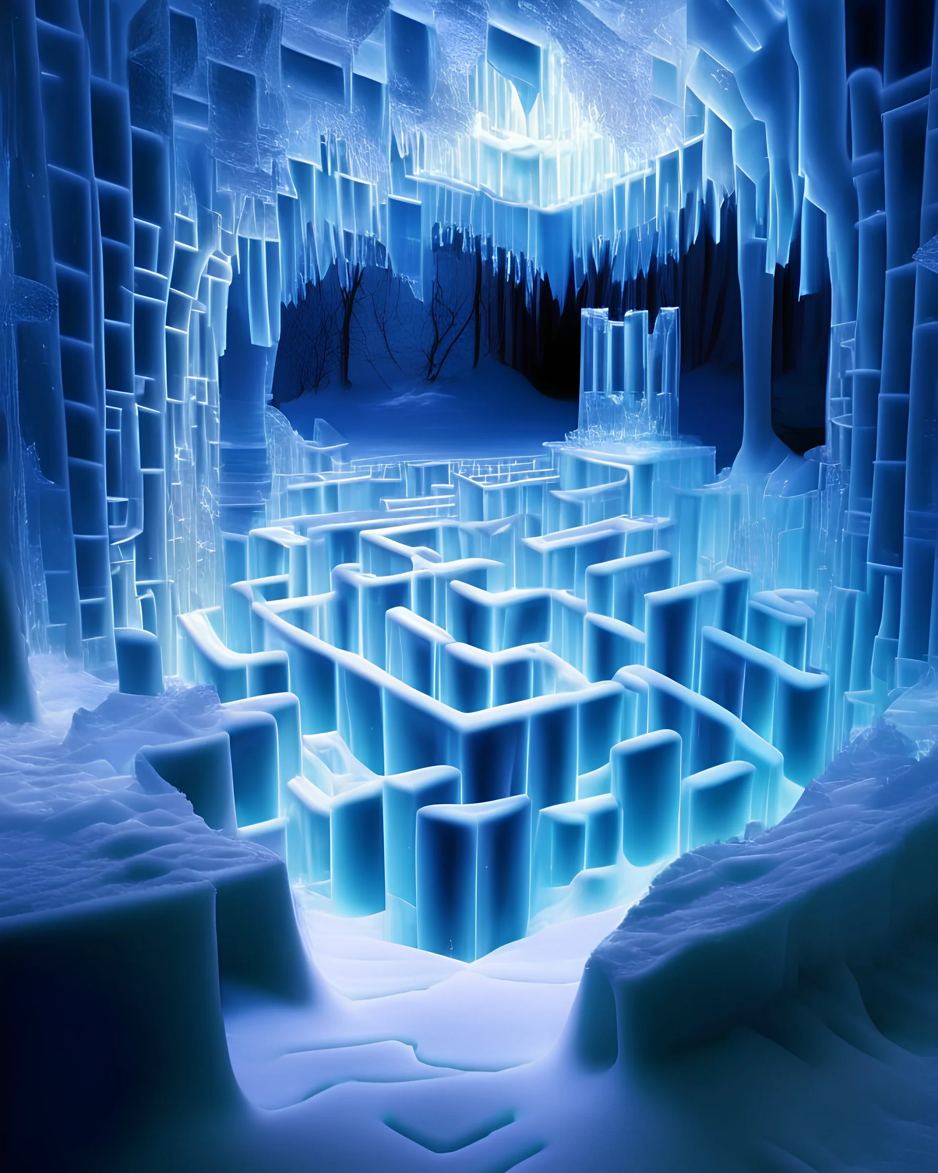 A mysterious labyrinth made of transparent ice with ever-changing paths and glowing ice sculptures