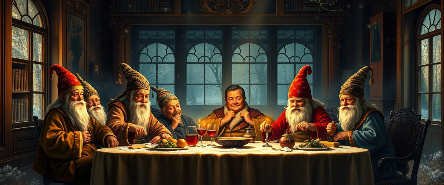 Dynasty family by table, in winter glow, master oil painting by Rembrandt, arts magica spy gnomes soap opera poster, huge multi level archive, library, woodland creatures, motion blur, background mist, light beam from windows Let the magic flow Oh winter glow Don't let it go [Bridge] Stars above like tiny fires Hearts alight with quiet desires