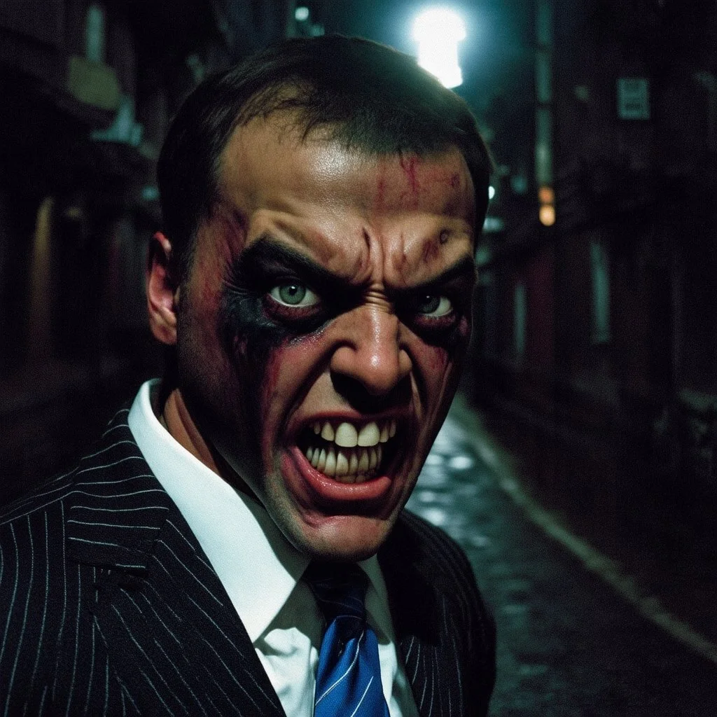 very grainy discolored 2000s photo, closeup portrait, dark night alley with no lights, grunge, extremely gaunt male with chalk-white skin wearing a striped suit with a blue tie, angry, imposing, fiery look in the eyes, bruja, biker