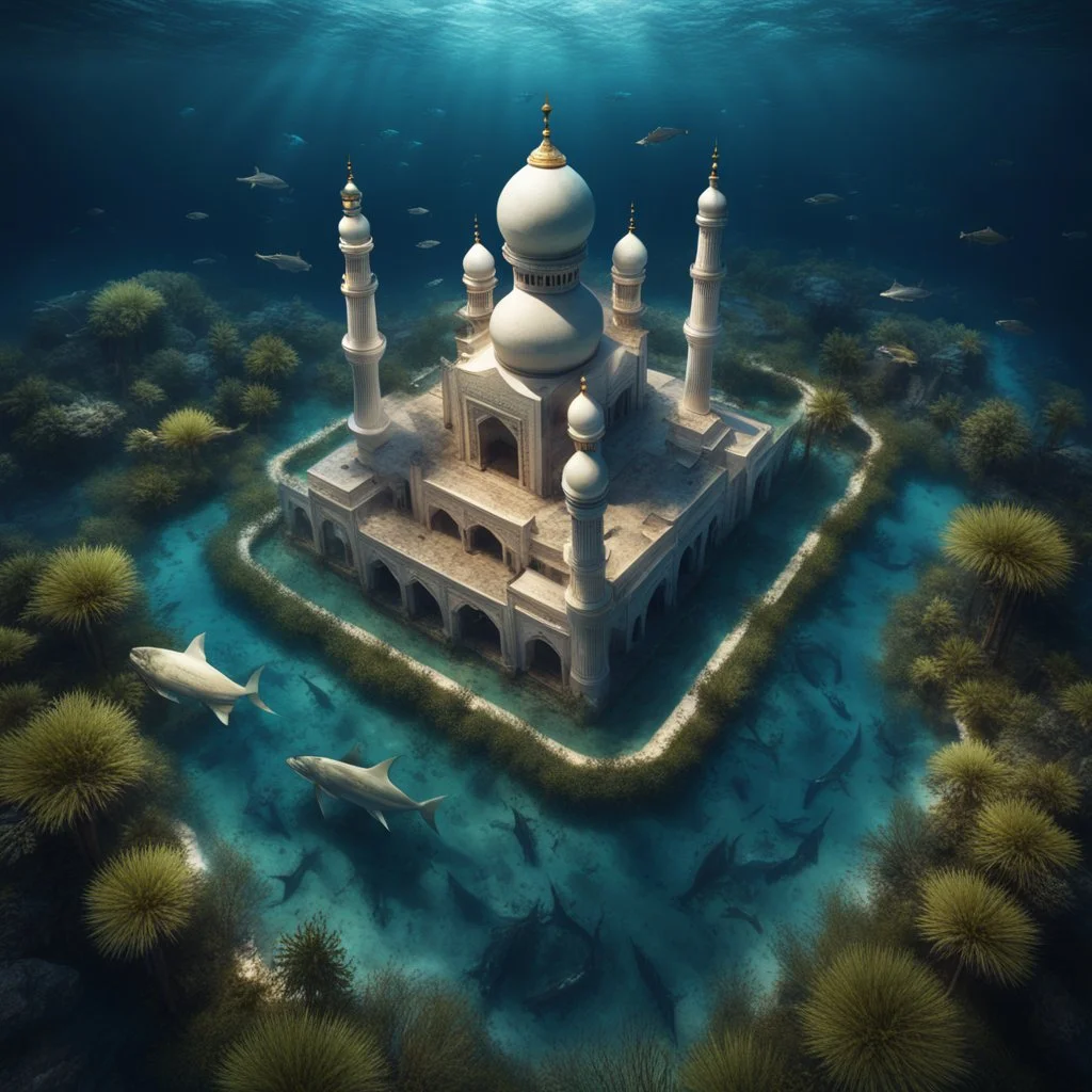 Hyper Realistic Aerial View of a Huge-Mosque sank deep within an ocean with lots of fishes & ocean-grass around at night with dramatic-&-cinematic-ambiance