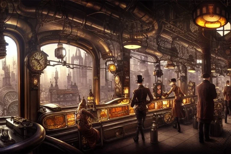 an intricately detailed digital illustration of a steampunk metropolitan city - scape inside of a steampunk double bacon cheeseburger, ultra realistic, concept art, intricate details, eerie, highly detailed, photorealistic, octane render, 8k, unreal engine. art by artgerm and greg rutkowski and charlie bowater and magali villeneuve and alphonse mucha