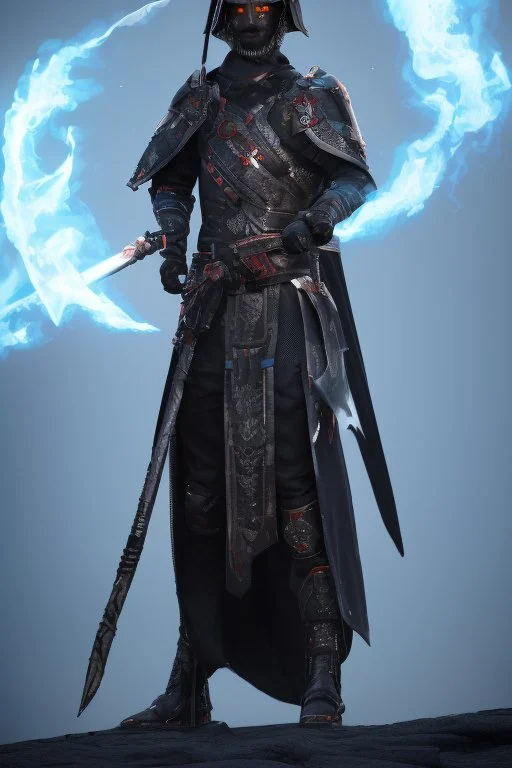 A warrior with a matte black combat helmet and eyes with bright blue flaming pupils, a black cape and a long coat with long combat boots and a long, sharp and fiery spear and with his helmet under his cape and two blue flames instead of eyes