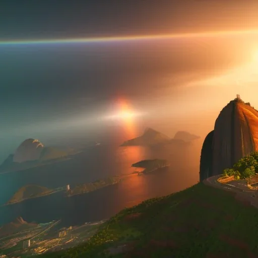 Christ the Redeemer rainbow sunset, palms, spring, sunset rainbow, flying birds, unreal engine 5, cinematic lighting, realistic, hyper detailed, 8k, octane render, cinema 4d