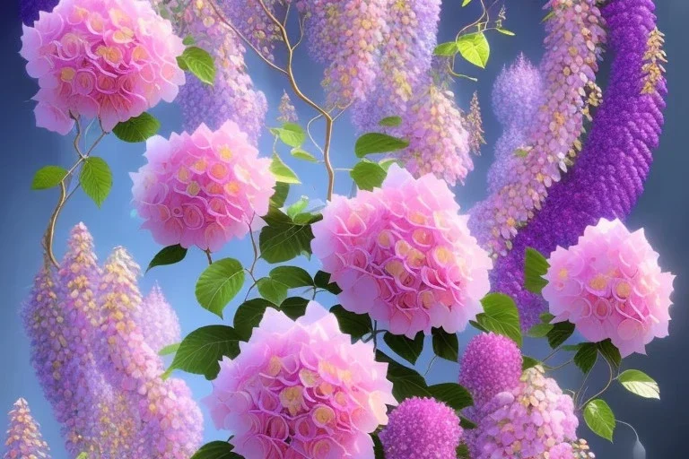 a magical crystal flower lys bougainvillier,pink hydrangeas, pink wisteria, blue gold house crystal castle in wood of pink wisteria, magnolias pink,blue lake,sun,white swanns,pink vertical, blue lake,sharp, vines, candlelit, endor, ornate, elegant, highly detailed, artstation, concept art, smooth, sharp focus, illustration, 8k, splash art, wallpaper, key visual