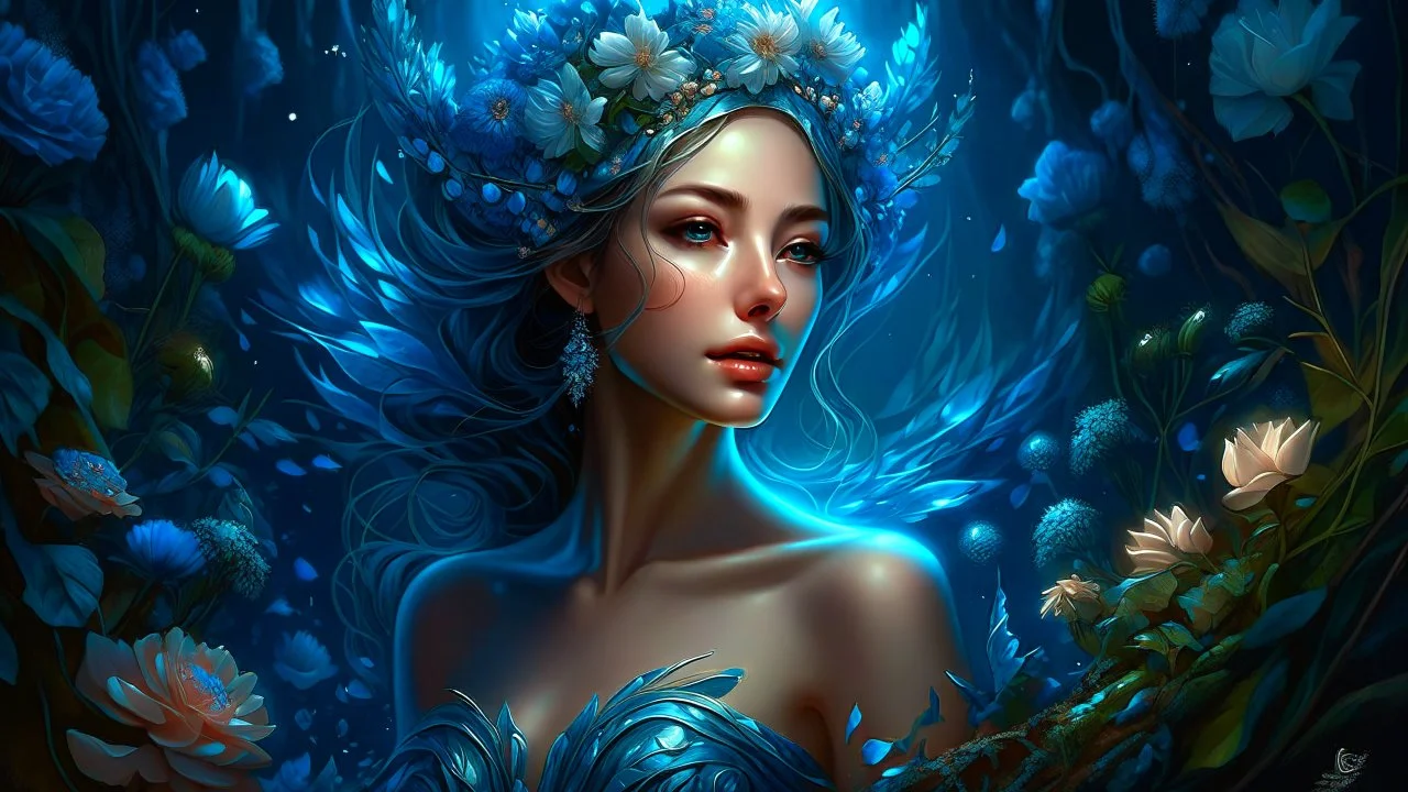 Beautiful goddess, Magical forest, Flowers, Intricate, Goddess locations, 3D art, Extremely detailed, Vector abstract portraits, vivid, Cinematic, luxurious, hyper-minimalist, Digital painting, Detailed maximalism, Futuristic, 8K, Polished, Inexpressible, Charlie Bowater style, Coloring book, blue hour, Sequins, Fractal precious stones, fractal crystals, pearls