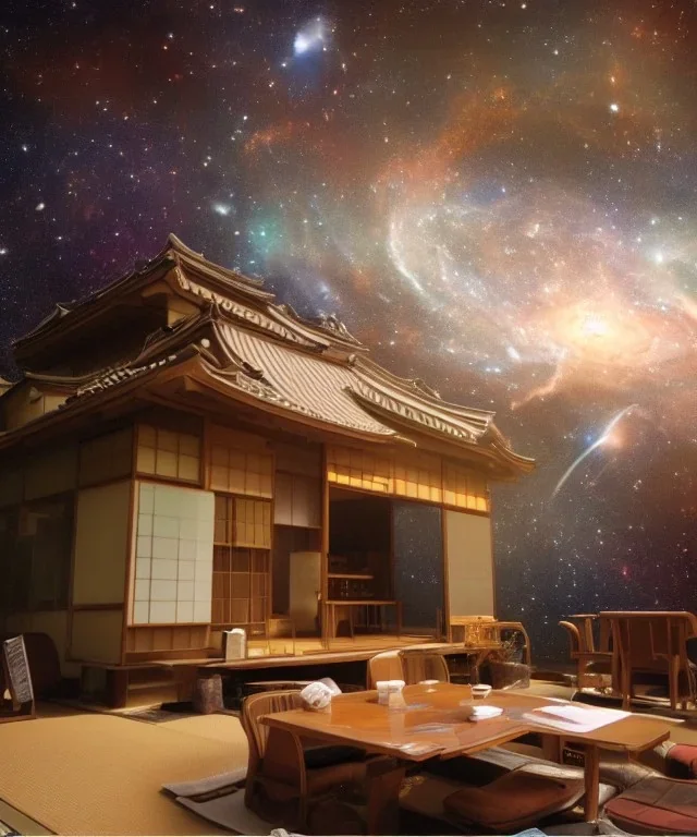 Japanese tea house in outer space with a nebula