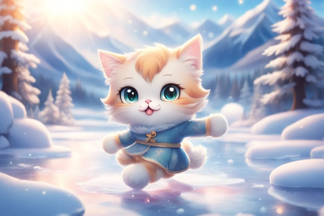 cute anime chibi cat iceskating on a frozen pond, mountains, forest in sunshine Weight:1 heavenly sunshine beams divine bright soft focus holy in the clouds Weight:0.9