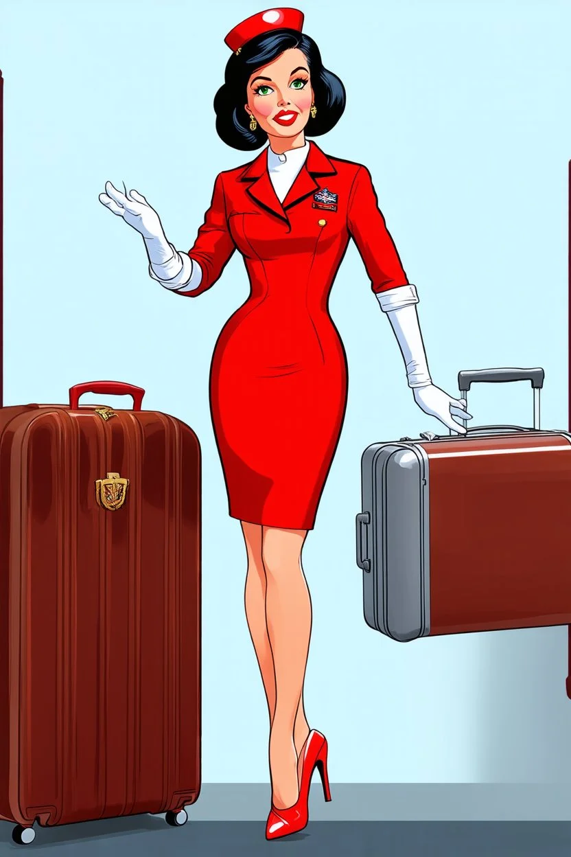 pin-up style realistic cartoon of 50 year old French dark haired stewardess in short and tight red uniform dress with green eyes, very red lips and long eyelashes with shiny red very high heels, white long opera gloves and a cabin suitcase