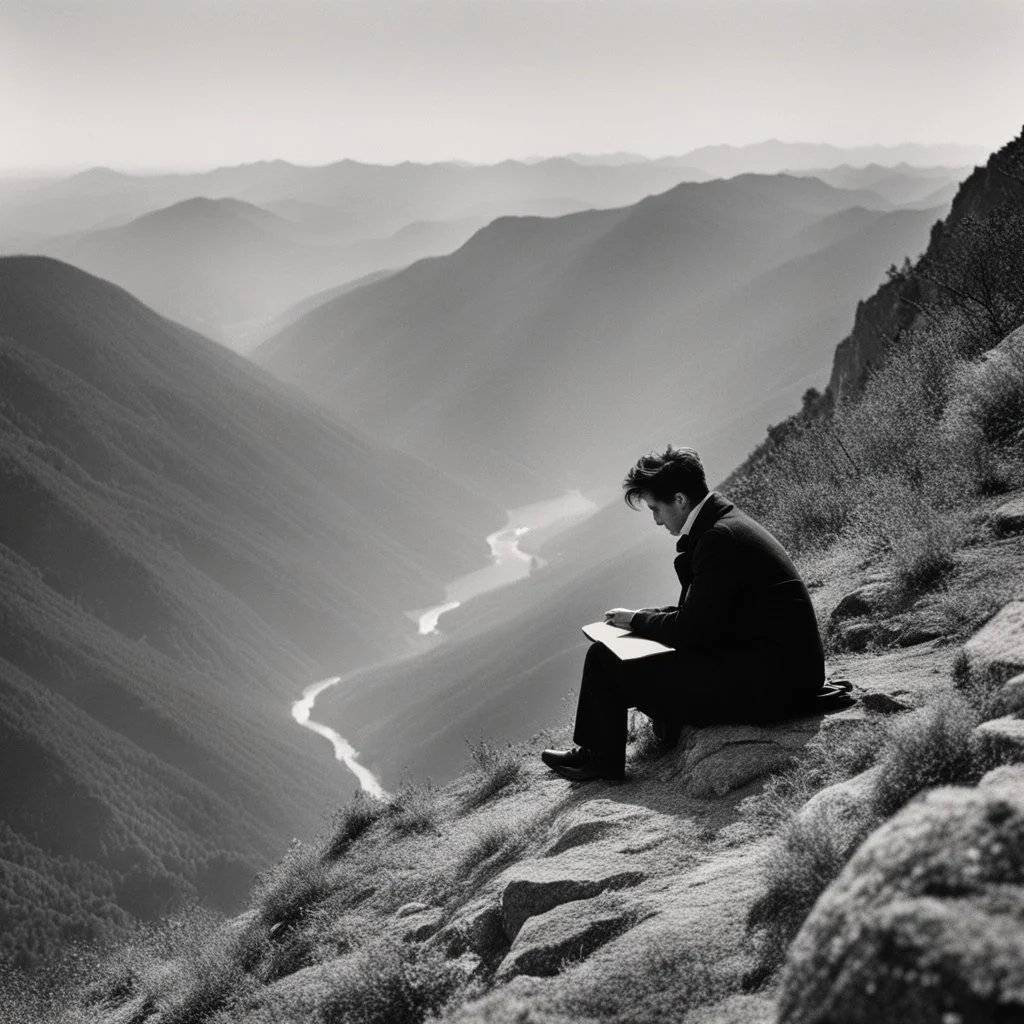 a poet reading a book on a mountain, words are the scream of silence [Jean Nicolas Arthur Rimbaud est un poète français ]