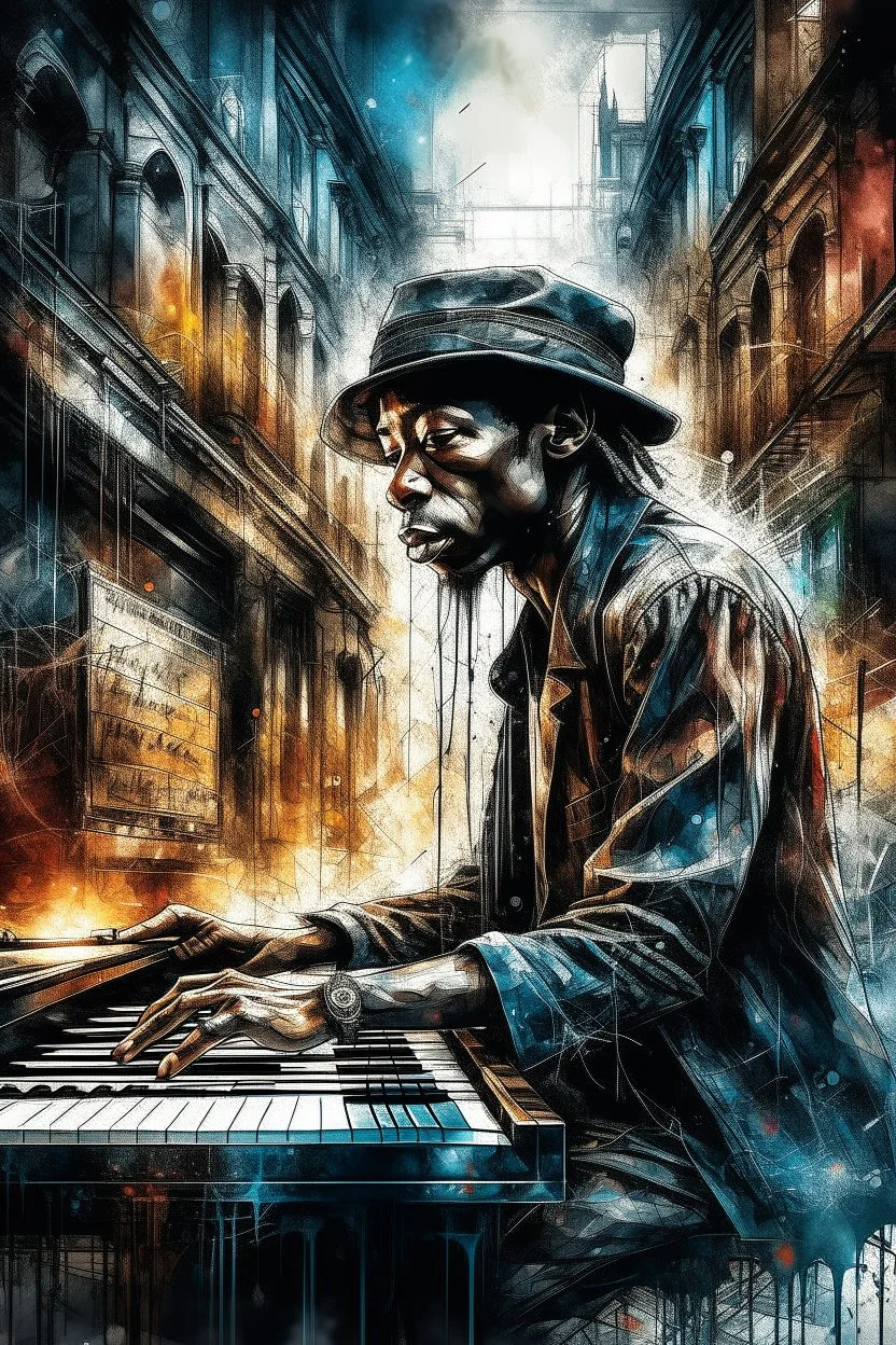 A ultra realistic poster of an African guy playing the piano , having word sign as “street art ”, by Daniel Castan Carne Griffiths Andreas Lie Russ Mills Leonid Afremov, black background, fine lines draw, smile, standing in the temple