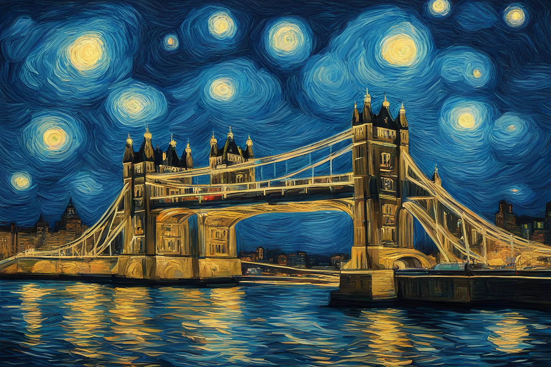 tower bridge at night - in style of van gogh