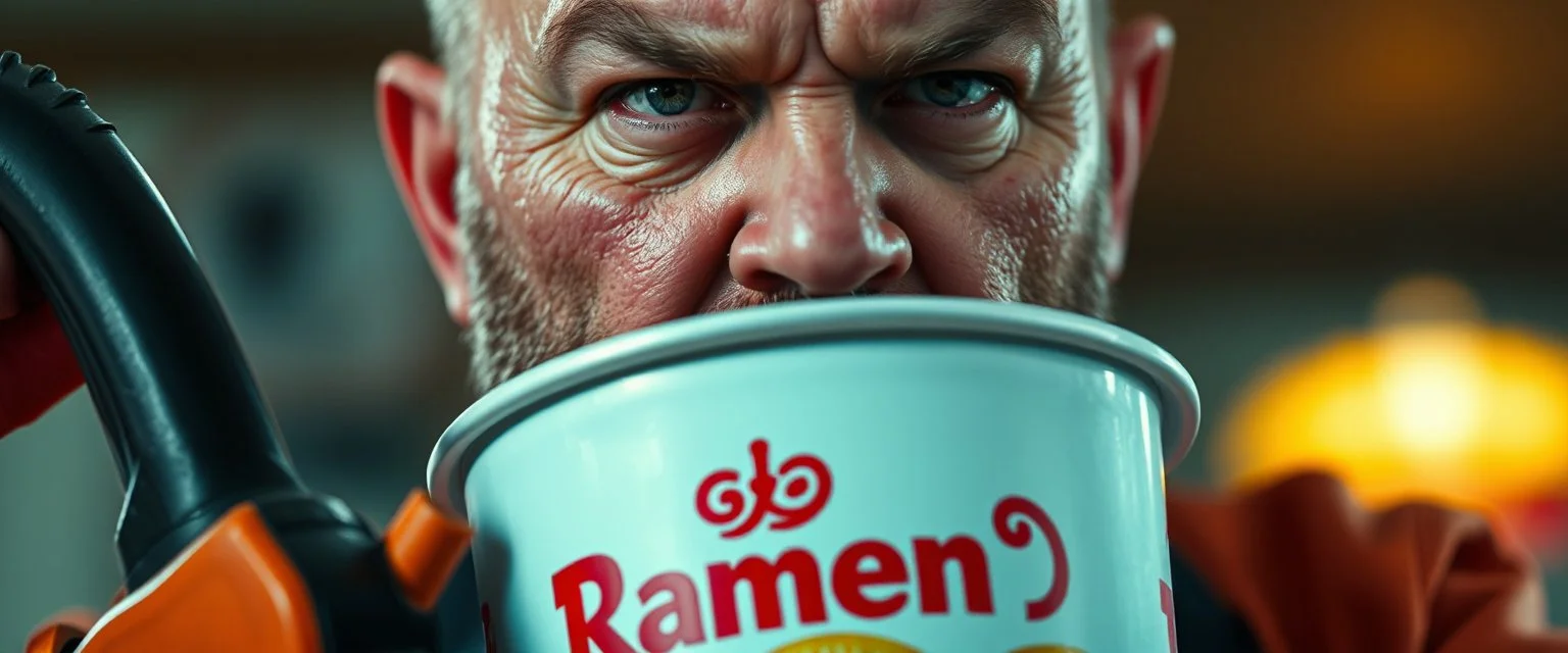 close up portrait of a ramen bucket that looks like a chain saw wielded by serious angry bald law man, in cinema