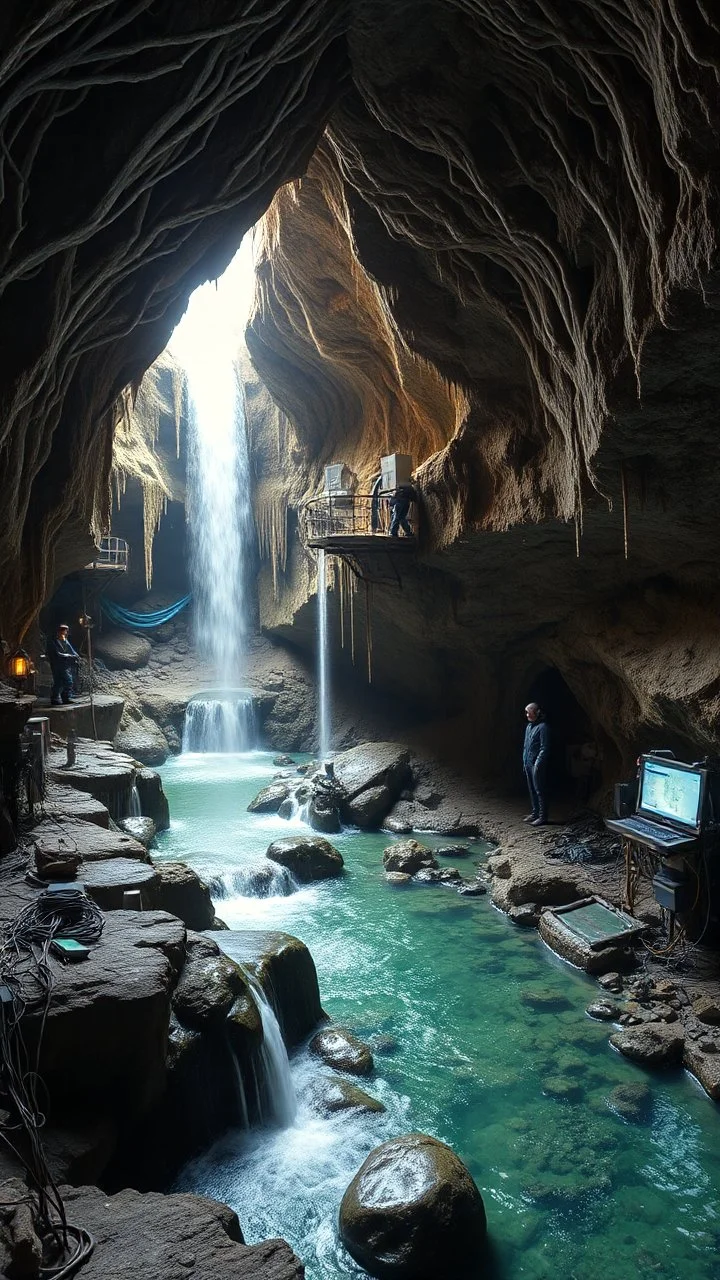 Inside a cave a lot of electronics devices and engineers with waterfalls and