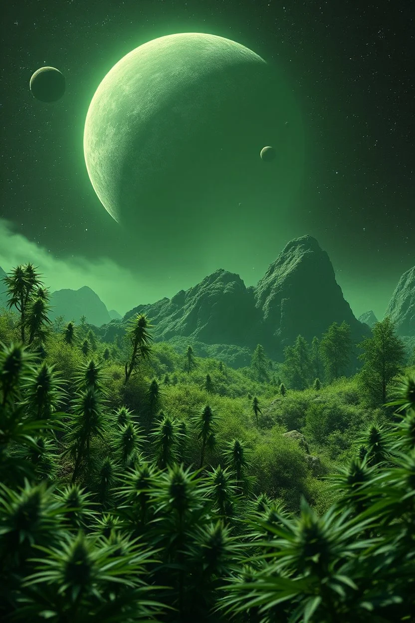 green moon landscape on fantasy green planet, space meteorites, stars in the night sky, fantasy plants on the planet of marijuana trees split toning effect, subsurface gaussian scattering, dark fantasy, dark botany, photorealistic image, ultra-details