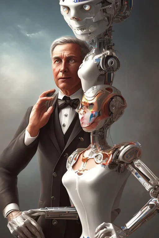 american dream painint man holding a robot girl