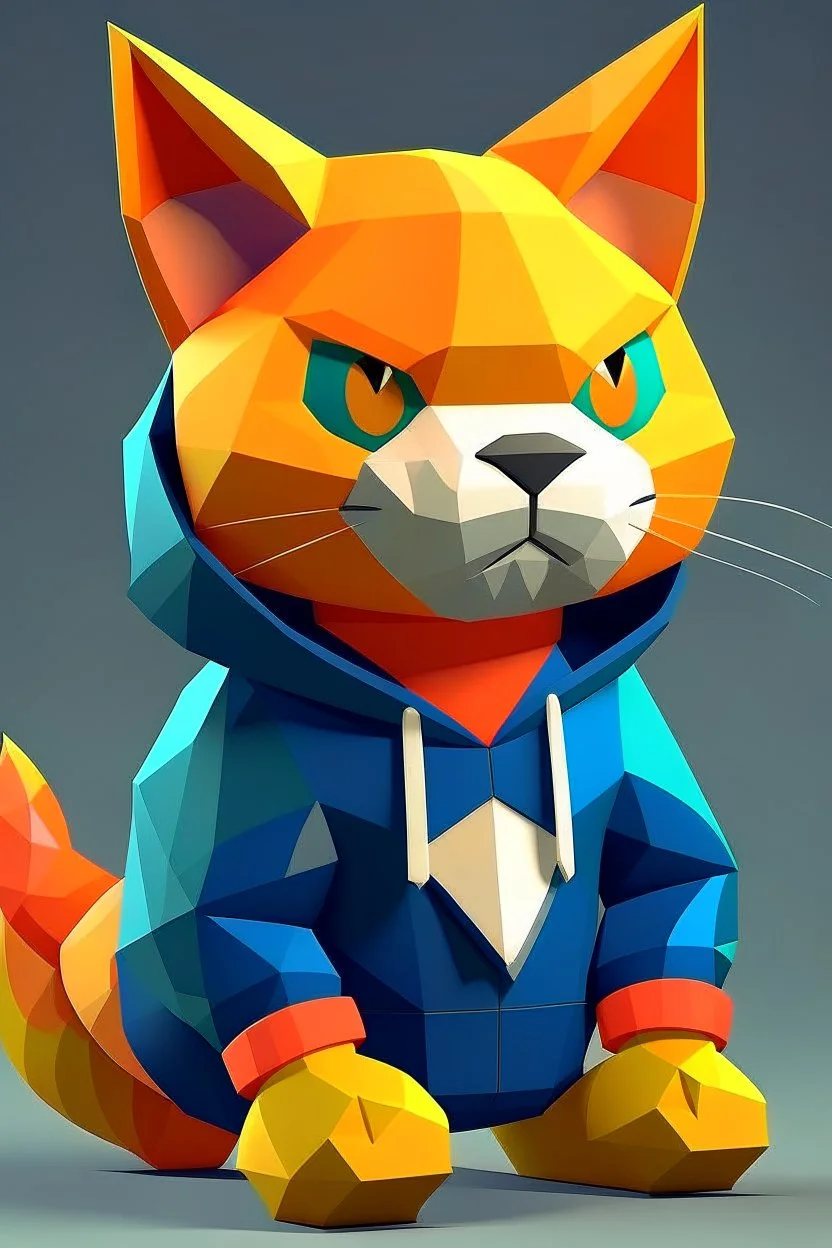 low poly with easy basic shapes nintendo64 character of a happy cat in a hoodie with retro game on the hoodie