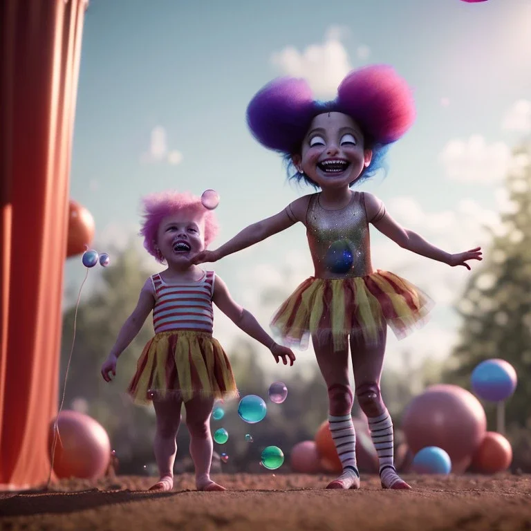 Ultra realistic circus scene. Sweet hair monster and Child’s playing, smile, happy, color bubbles, smooth color, waist up view, Wes Anderson style, dark ambient, highly detailed, concept art, unreal engine 5, god rays, ray tracing, RTX, lumen lighting, ultra detail, volumetric lighting, 3d, finely drawn, high definition, high resolution.