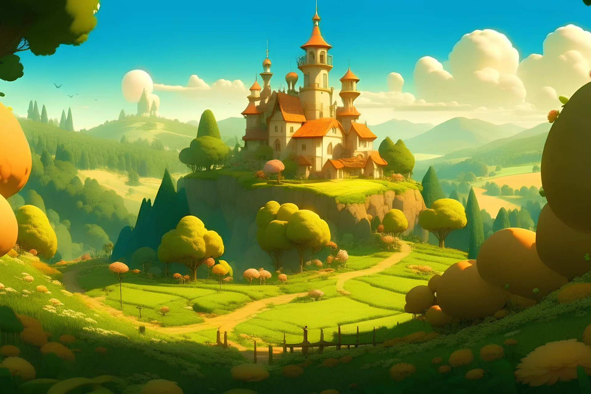 A 3D stylized environment art of a kingdom surrounded by flowery meadows and multiple vineyards, windmills are scattered there, in the style of Ghibli