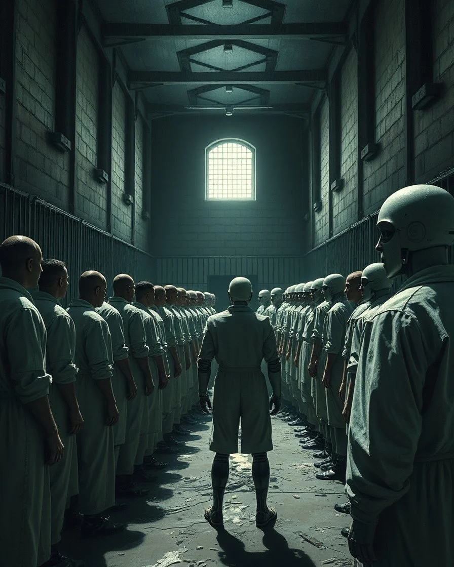 Bosch painting style, nightmare , a prisoners lined up in line in a circle after another inside a prison yard , an Ai robot is watching them , great quality picture with cinematic scenes ,