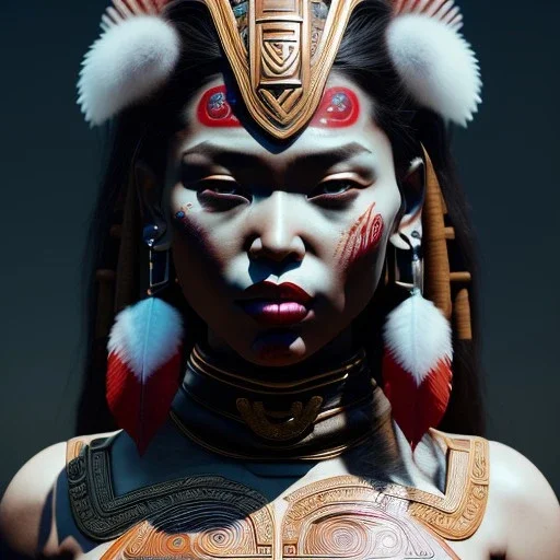 Maori woman, rounded face, blood, black, silver, brown, samurai helmet, decorative color feathers, retro, bamboo, leather, soft color, highly detailed, art stations, concept art, smooth, unreal engine 5, god rays, ray tracing, RTX, lumen lighting, ultra detail, volumetric lighting, 3d, finely drawn, high definition, high resolution.