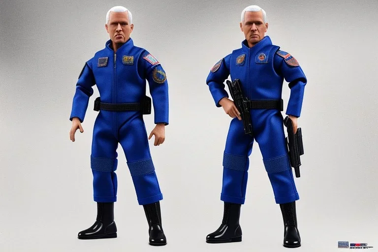 Mike Pence as G.I. Joe toy Doll figure With a pistol space force Blue fabric uniform, black Moonboots