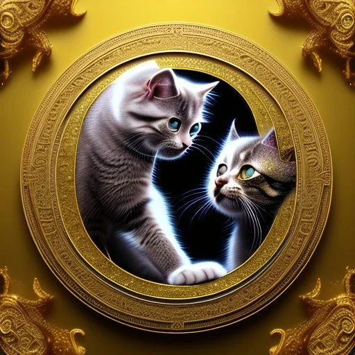 3d cute cats, beautiful rich, detailed yin and yang symbol, shiny, intricate, gorgeous, ultrafine detail, hyperrealism, trending , sharp focus, intricate details, highly detailed, glowing, glitter, complementary colours