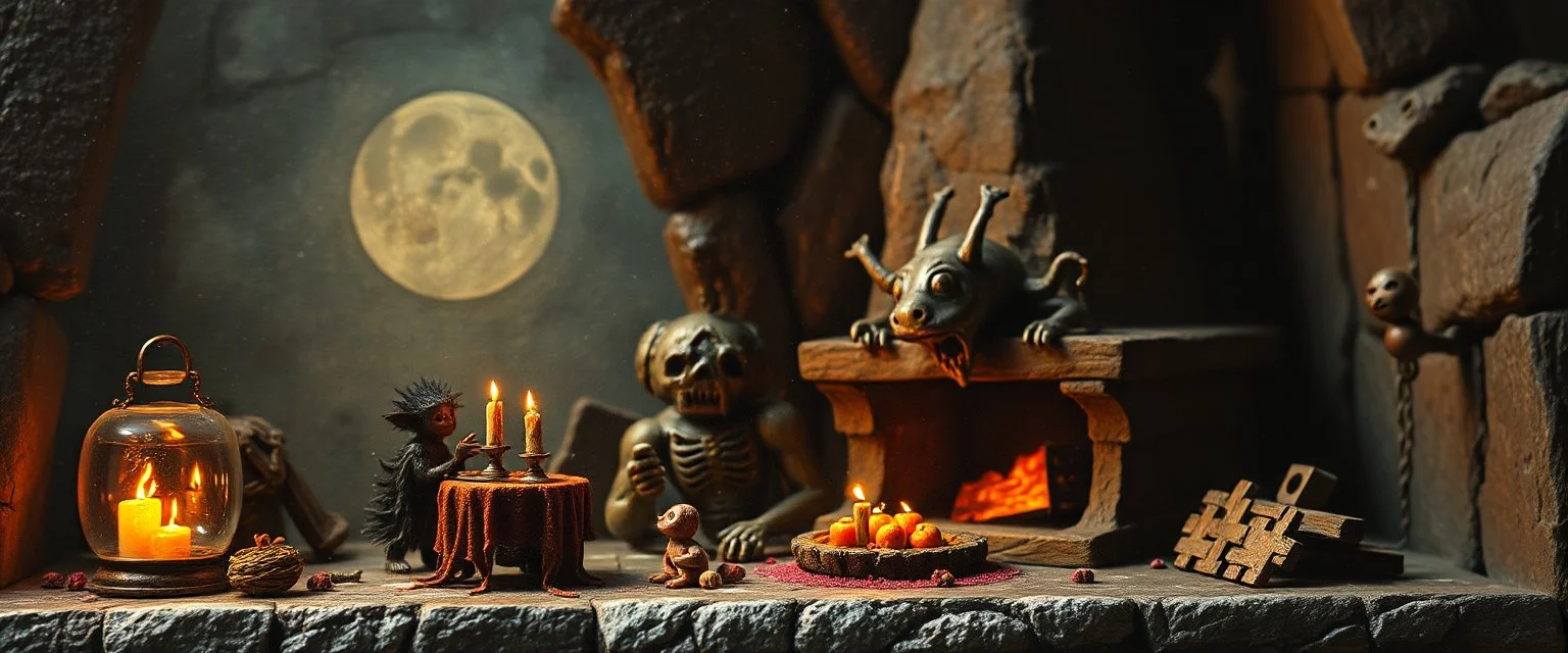 miniature scene,master oil painting by Rembrandt, good afternoon disney bitch scary stone age vampire