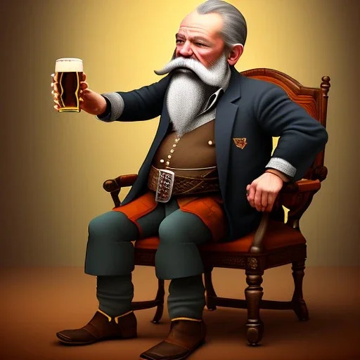 Vieux monsieur, nain, moustache, pas de barbe, cheveux courts, homme endormi sur chaise, biere en main