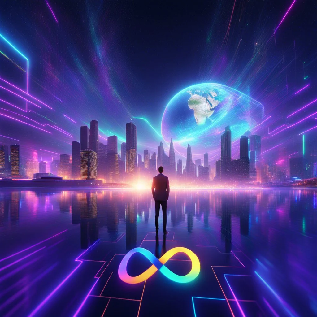 3D infinity symbol ∞, infinity figure-of-eight symbol is totally-symmetrical and brightly coloured, man silhouette facing epic scene of building, glowing earth, water, network and lights, exotic, inspiring, fantasy, neon, friendly, beautiful, octane render, 8k post-production, artstation: award-winning: atmospheric: commanding: fantastical: clarity: 16k: ultra quality: striking: brilliance: liquid medium: stunning colors: amazing depth; lens: f/8, 28mm