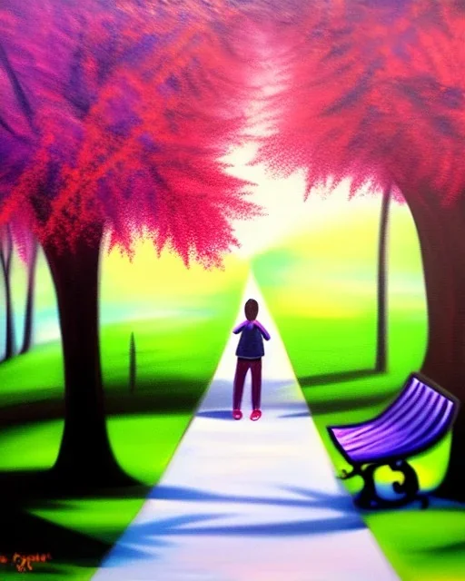 park mystical dream, park bench, man, woman, child, dog, trees, path, bird, jogger, sunshine, mystical, fantasy, romanticism, beautiful colors, daylight, daytime, acrylic painting, detailed,