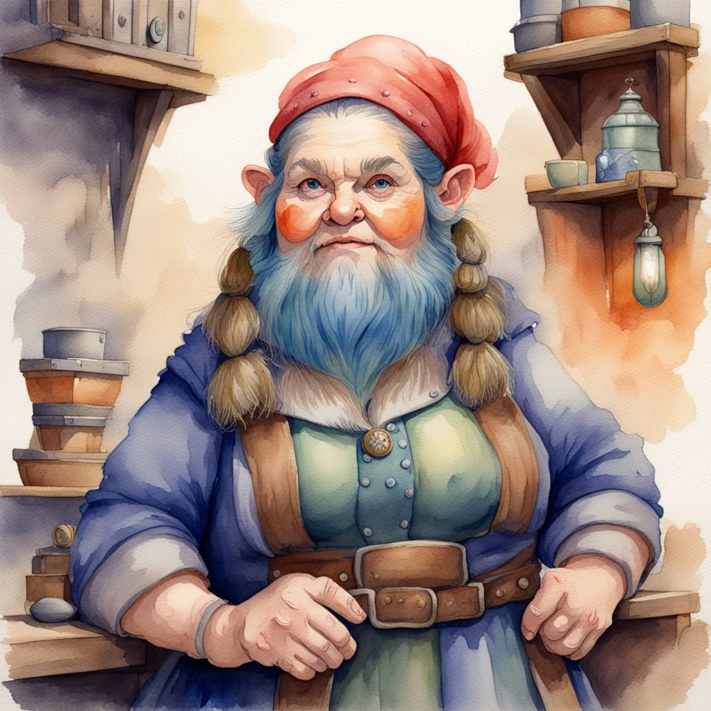 fantasy, watercolour, illustration, portrait, dwarf woman, sturdy, shopkeeper